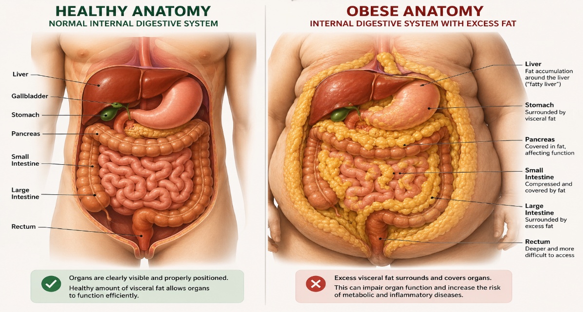 Fig 4: Normal anatomy vs Obese anatomy (image developed using ChatGPT)