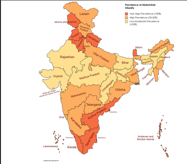 Fig 5: Prevalence of abdominal obesity (waist circumference more than 80 cm) in women of age 15–49 years in Indian states